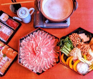 Thinly sliced meat and vegetables arranged for hot pot at Rokumeikan Hills, Yamanashi
