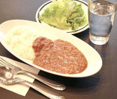Plate of curry and rice with salad, water glass and cutlery at Rokumeikan Hills in Yamanashi