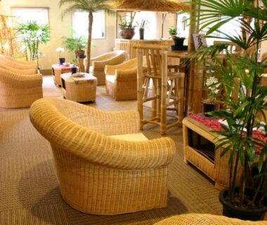 Wicker seating and straw umbrella in Rurika lounge, Shizuoka, Chūbu