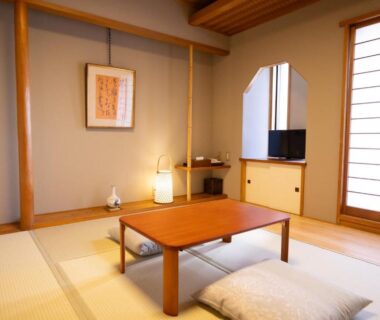 Traditional tatami room with low wooden table, zabuton cushion, shoji screens and tokonoma at Ryokan Asakusa Shigetsu Tokyo