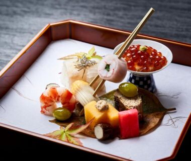 Lacquer tray with assorted bites including ikura and shrimp at Ryokan Asukasou near Nara Park
