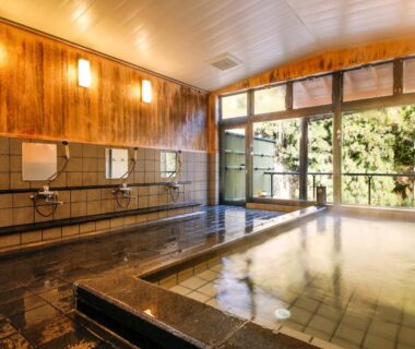 Indoor communal onsen with tiled floor, shower stations and garden view at Ryokan Chinsen-Rou Kyoto