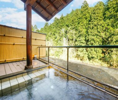 Outdoor tiled onsen bath overlooking river and forest at Ryokan Chinsen-Rou in Kyoto