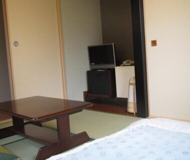 Japanese-style tatami room with low table, futon bedding, sliding fusuma doors and small TV at Ryokan Fuji, Tokyo