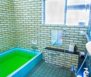 Green-tinted tiled indoor bath with shower fixtures at Ryokan Fuji Heights in Yamanashi Chūbu