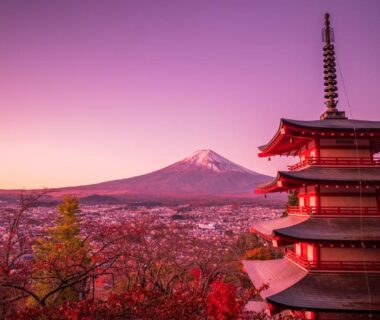 Pagoda with Mount Fuji backdrop near Ryokan Fuji Heights in Yamanashi, Chūbu