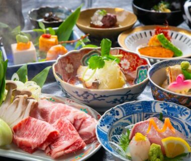 Multi-dish Japanese meal presentation at Ryokan Fukinoya in Ōita, Kyūshū