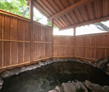 Rock-lined onsen bath with wooden fence and roof at Ryokan Fukinoya in Ōita, Kyūshū