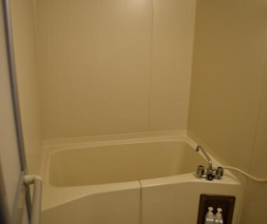 Small molded bath unit with handheld shower, faucet, and toiletries in a compact ryokan bathroom