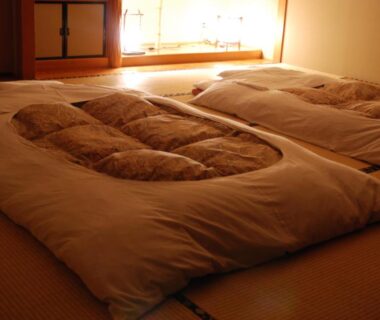 Two futons on tatami at Ryokan Fukuzen in Gunma, Kantō