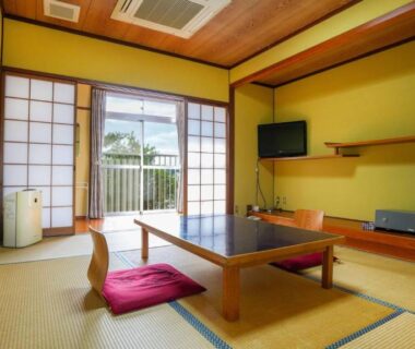 Tatami room with low table, shoji doors and balcony, Ryokan Hirayama, Kumamoto, Kyushu, Japan
