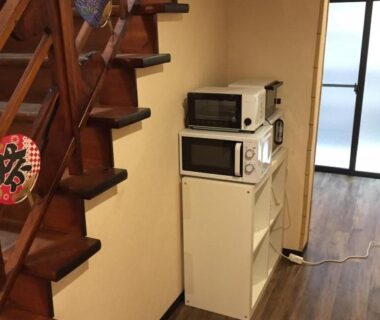 Interior hallway with wooden staircase, stacked microwave and small refrigerator at Ryokan Ichinao in Tokyo