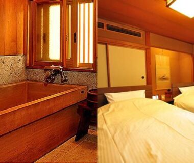 Wooden ofuro beside twin beds with shoji doors opening to garden at Ryokan Imai, Niigata Chubu Japan