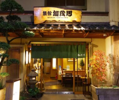 Warmly lit entrance with noren, wooden doorway and potted trees at Ryokan Kamogawa Asakusa in Tokyo