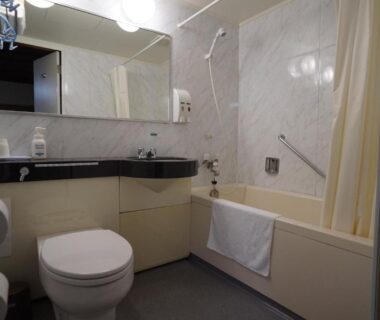 Small marble bathroom with bathtub, shower curtain, sink and toilet at Ryokan Katsutaro Tokyo