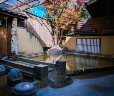 Stone-lined outdoor onsen with wooden enclosure and small ornamental tree at Ryokan Kiraku in Ōita, Kyūshū