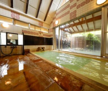 Communal indoor onsen with washing stations and garden-facing window at Ryokan Kiritani Hakoneso, Kanagawa