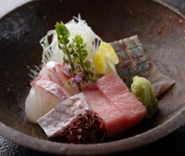 Assorted sashimi slices with wasabi and shredded daikon in ceramic bowl at Ryokan Kohro, Kyoto