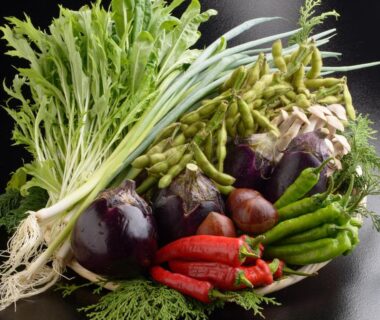Assorted seasonal vegetables including eggplant, edamame and greens for Ryokan Kohro Kyoto