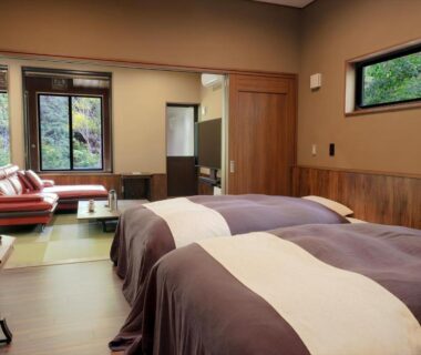 Tatami interior with twin beds, low seating and garden view at Ryokan Kono-Yu, Kumamoto, Kyūshū