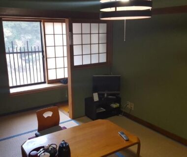 Traditional tatami room with low table, shoji screens and TV at Ryokan Maruya, Ōita, Kyūshū Japan