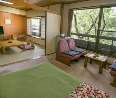 Spacious tatami guest room with low table, seating area and garden view at Ryokan Misato in Kumamoto