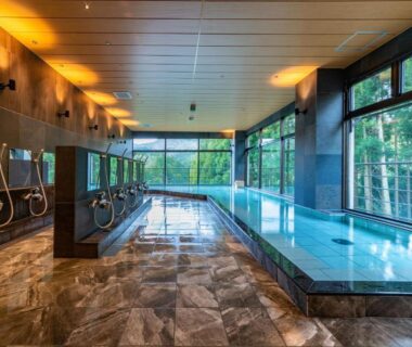 Spacious indoor communal bath with showers and large soaking pool overlooking greenery at Ryokan Nenrinbo Kyoto
