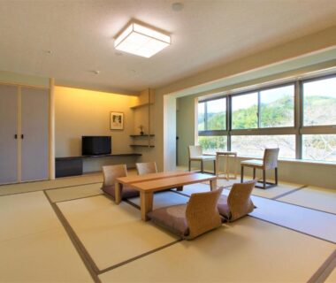 Tatami room with low table overlooking garden at Ryokan Nenrinbo in Kyoto, Kansai