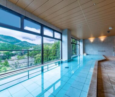 Indoor onsen bath with large windows overlooking forested mountains at Ryokan Nenrinbo in Kyoto