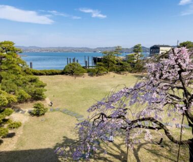 Manicured seaside garden with flowering cherry tree and bay view at Ryokan Onomichi Nishiyama, Hiroshima Prefecture