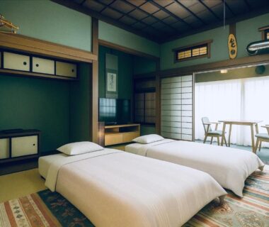 Twin low beds on tatami with shoji screens, wooden ceiling, and window seating at Ryokan Sansui Hokkaidō