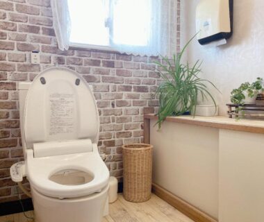 Compact restroom with toilet, exposed brick wall, wooden floor, window shelf with plants and books at Ryokan Sansui in Hokkaidō