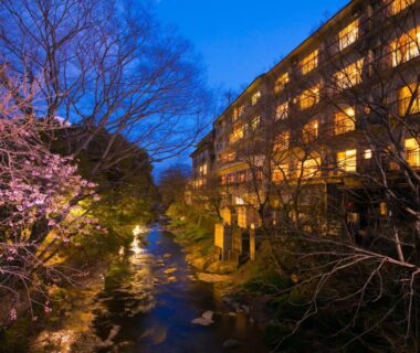 Lit ryokan facade at dusk beside a narrow river with flowering cherry trees in Mie, Kansai