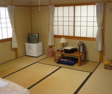 Tatami room with low table, shoji screens, small TV and fridge at Ryokan Shimizu, Kyoto