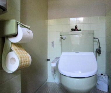 Compact tiled restroom with bidet toilet, Ryokan Taishoro, Nara, Kansai