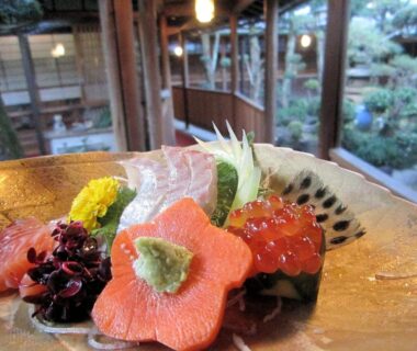 Sashimi plate with wasabi and salmon roe beside a traditional garden at Ryokan Taishoro, Nara