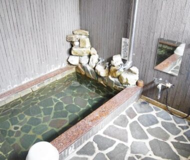 Indoor stone-lined onsen bath with wall shower and pebble floor at Ryokan Takayama, Gifu