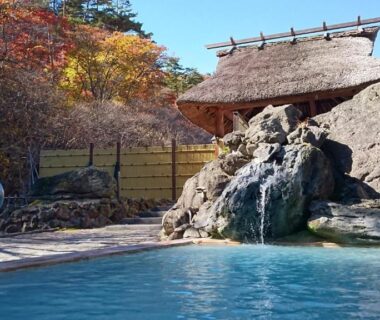Rock-lined outdoor onsen bath with thatched shelter and autumn foliage at Ryokan Tamagoyu, Fukushima