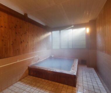 Steamed indoor onsen with wooden soaking tub and tiled floor at Ryokan Tamagoyu, Fukushima