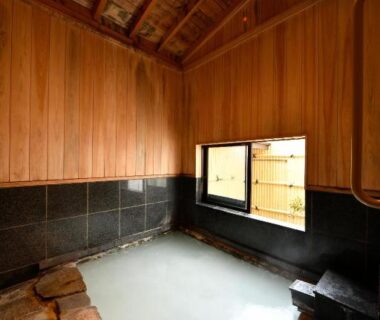 Indoor stone and wooden onsen bath with milky water at Ryokan Tamura in Gunma, Kantō