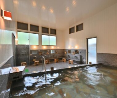 Spacious indoor onsen with tiled washing stations and stools at Ryokan Tenryu in Oita, Kyushu