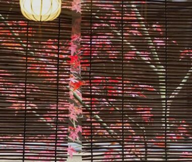 Bamboo blinds framing a paper lantern and red maple leaves outside at Ryokan Tori, Kyoto
