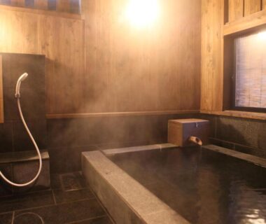 Steaming stone soaking tub and handheld shower in wooden-panelled onsen room at Ryokan Wakaba, Kumamoto Kyūshū