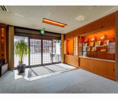 Entrance lobby with brochure display and potted plant at Ryokan Wakamiya in Kyoto, Kansai