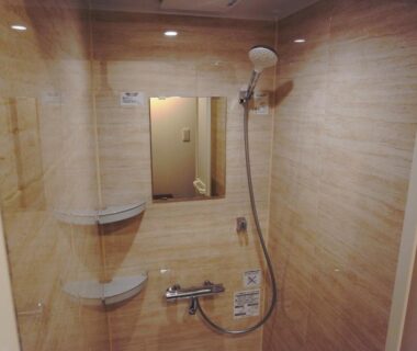 Compact tiled shower with handheld nozzle and mirror in Ryokan Yamamuro bathroom, Ishikawa Chūbu