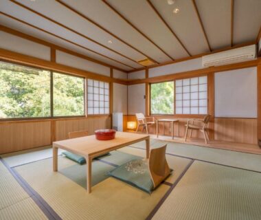 Tatami room with low table, shoji screens and garden view at Ryokan Yamazaki Kyoto