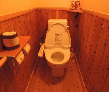Compact wooden-paneled toilet room with bidet toilet seat at Ryokan Yunosako in Kumamoto Kyūshū Japan