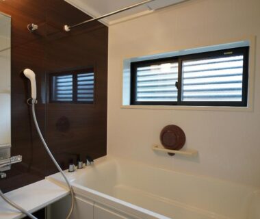 White soaking tub with handheld shower and wood panel wall at Ryokoji Temple, Kumamoto, Kyūshū, Japan