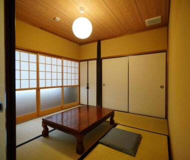 Tatami room with low table and shoji screens at Ryokoji Temple in Kumamoto, Kyushu, Japan