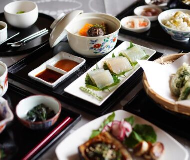 Assorted traditional Japanese dishes on lacquer tray, Ryokoji Temple ryokan, Kumamoto, Kyushu